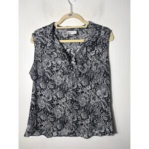 Tahari Black White Floral Sleeveless V-Neck Ruffle Top Sz L